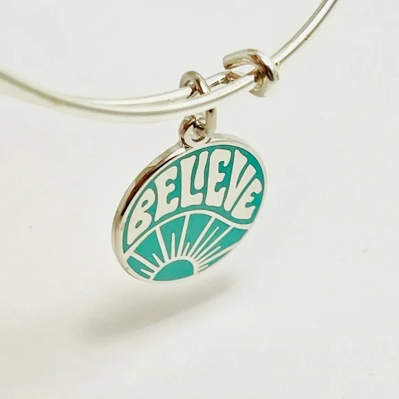 Alex and Ani Shiny Silver Bracelet with Teal 'Believe' Charm - Picture 7 of 7